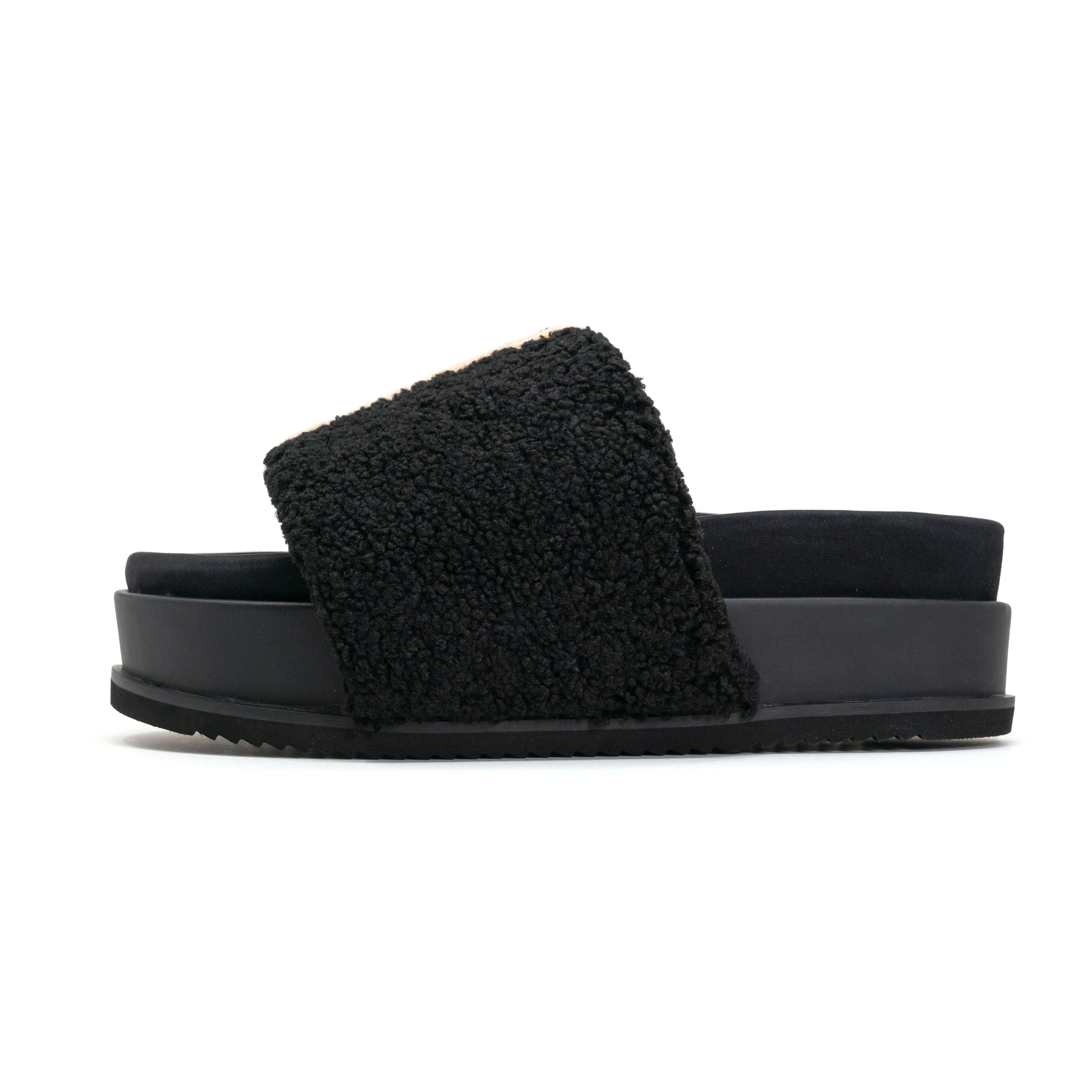 ROAM FUZZY STRIPE STACK PLATFORM BLACK & BEIGE FAUX SHEARLING
