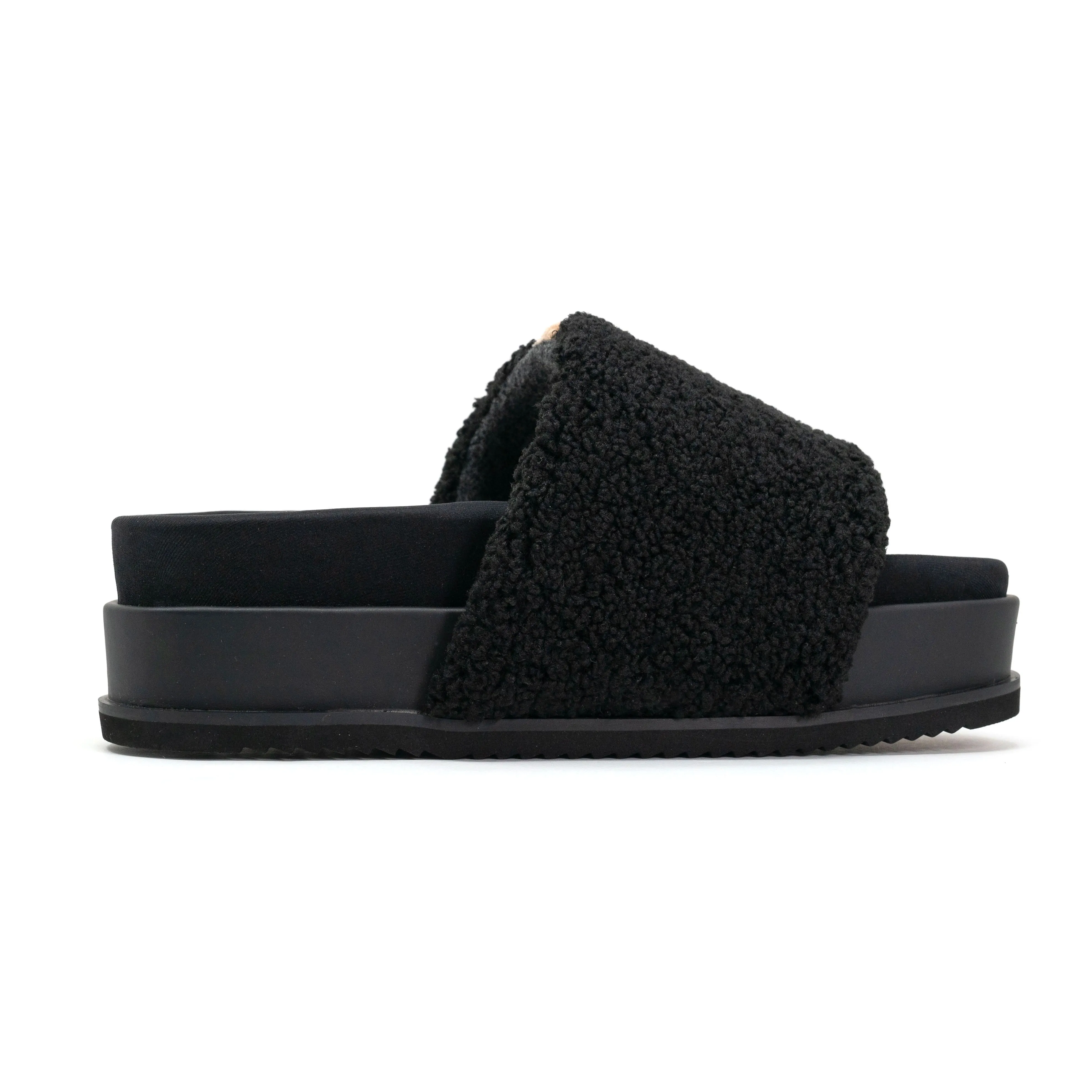 ROAM FUZZY STRIPE STACK PLATFORM BLACK & BEIGE FAUX SHEARLING