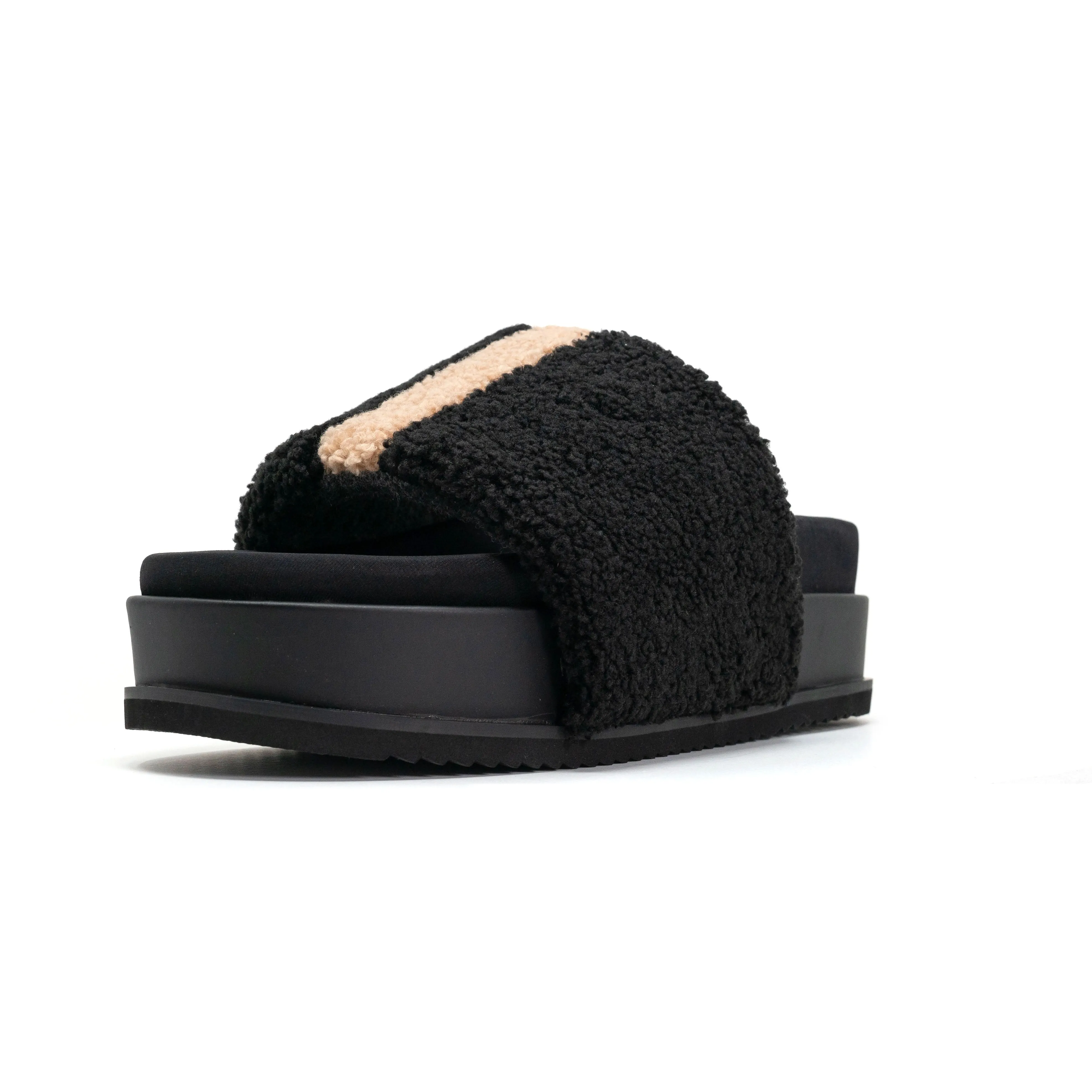 ROAM FUZZY STRIPE STACK PLATFORM BLACK & BEIGE FAUX SHEARLING