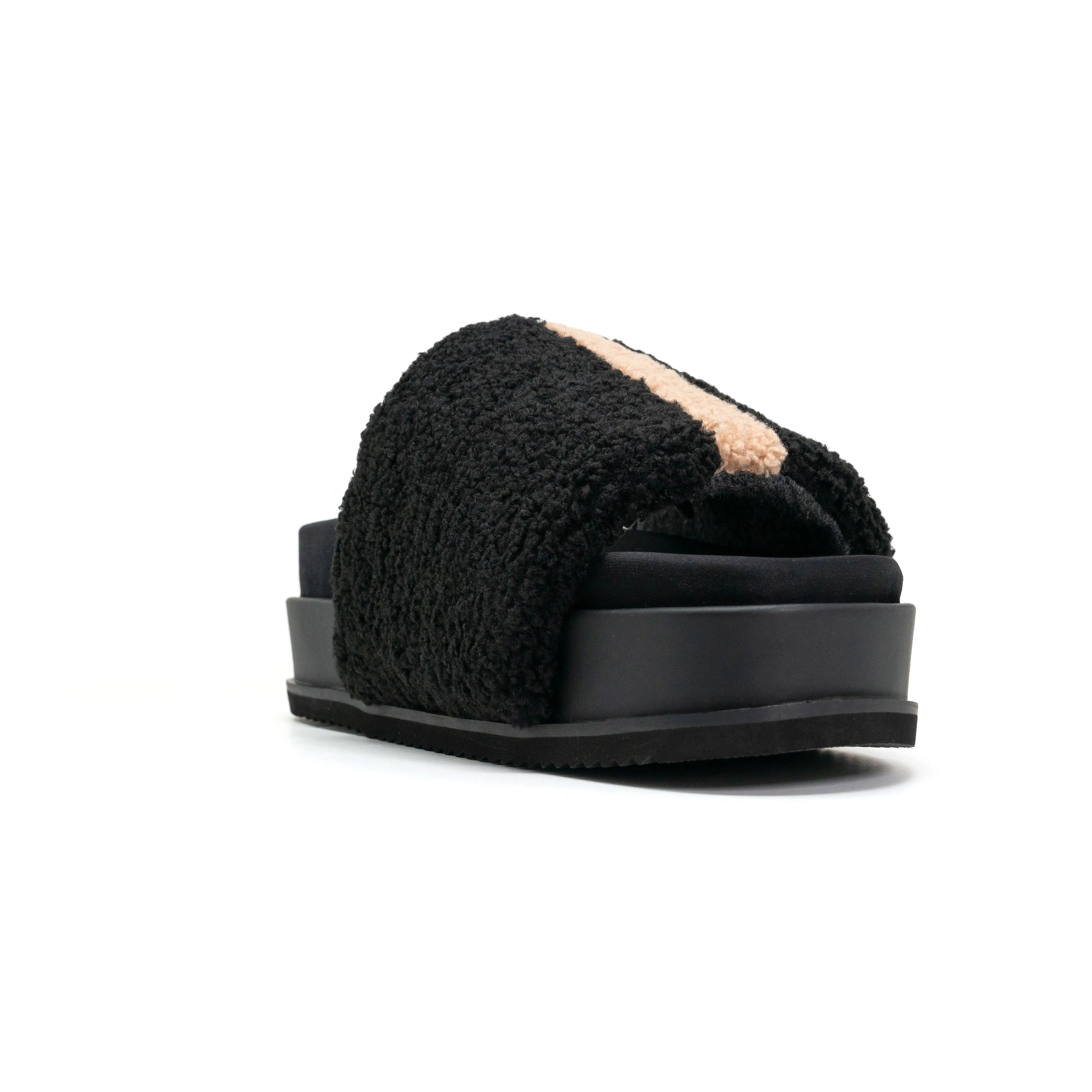 ROAM FUZZY STRIPE STACK PLATFORM BLACK & BEIGE FAUX SHEARLING