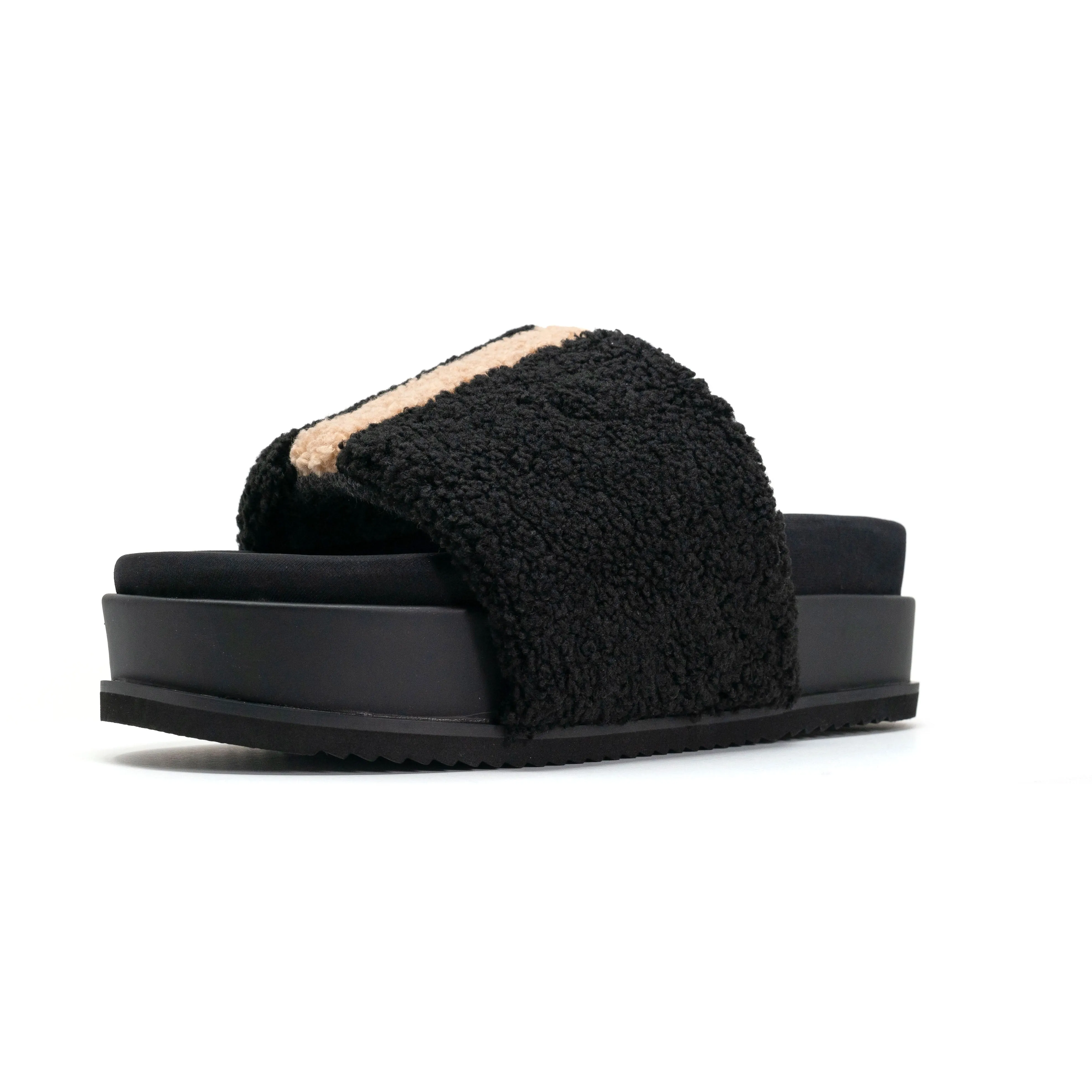 ROAM FUZZY STRIPE STACK PLATFORM BLACK & BEIGE FAUX SHEARLING