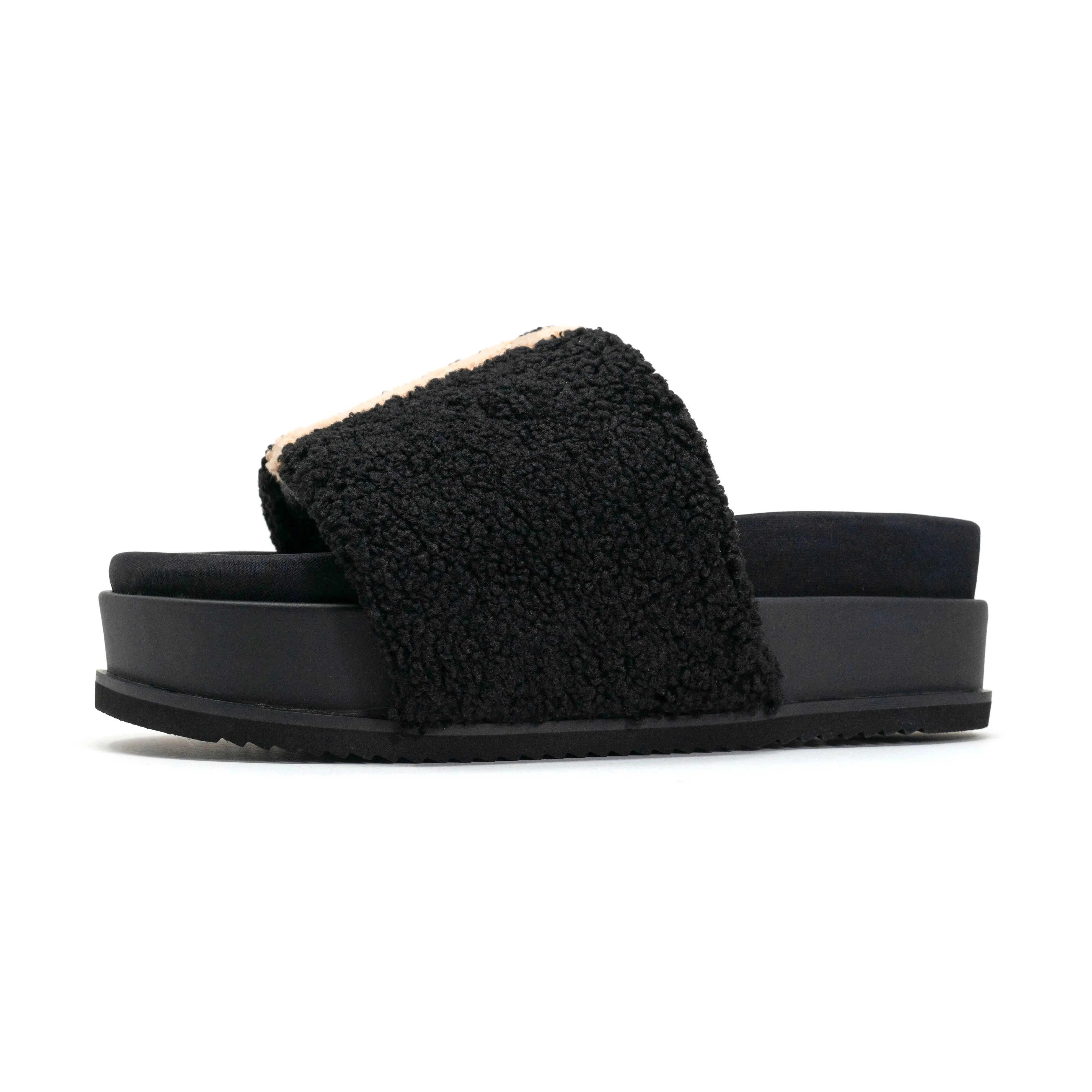 ROAM FUZZY STRIPE STACK PLATFORM BLACK & BEIGE FAUX SHEARLING