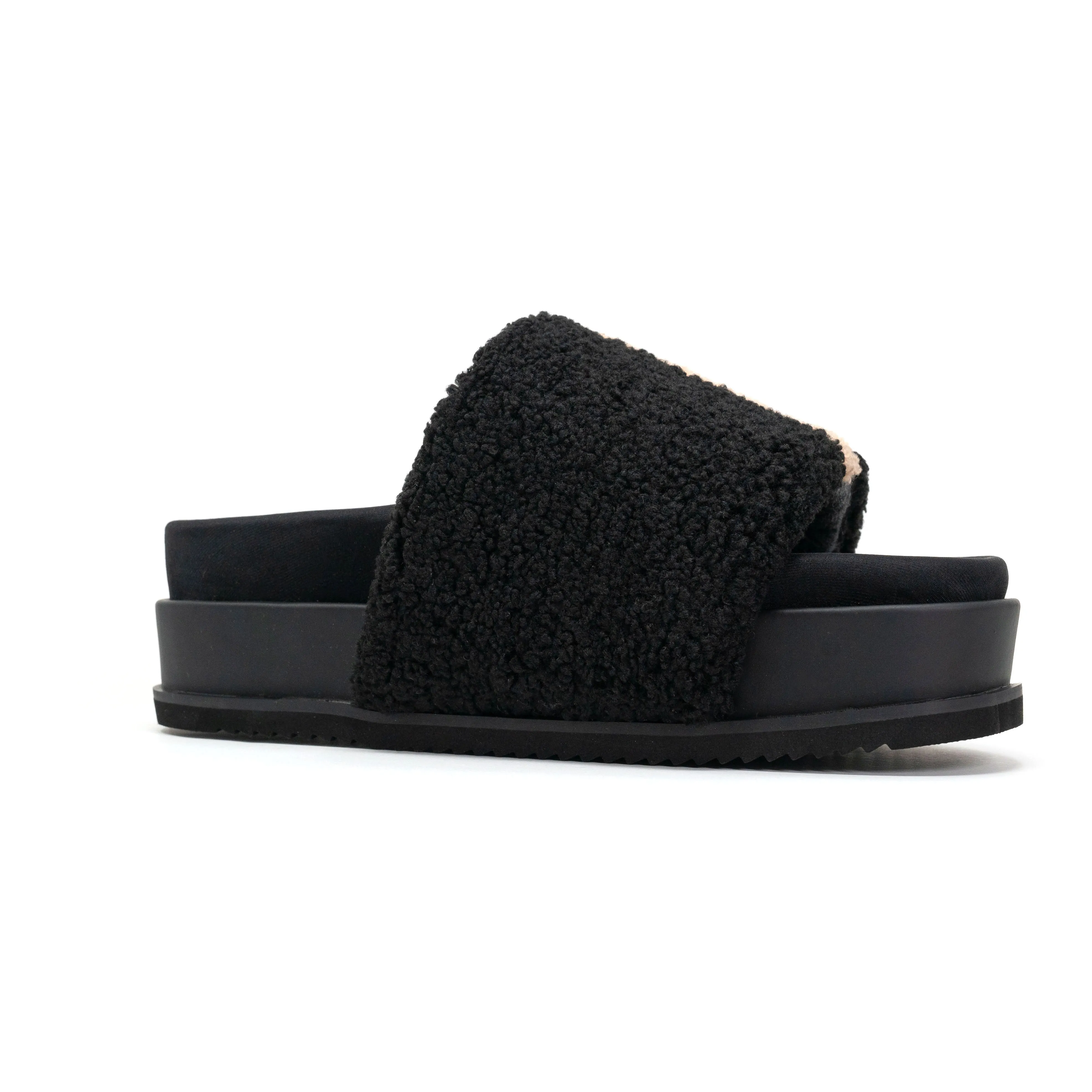 ROAM FUZZY STRIPE STACK PLATFORM BLACK & BEIGE FAUX SHEARLING