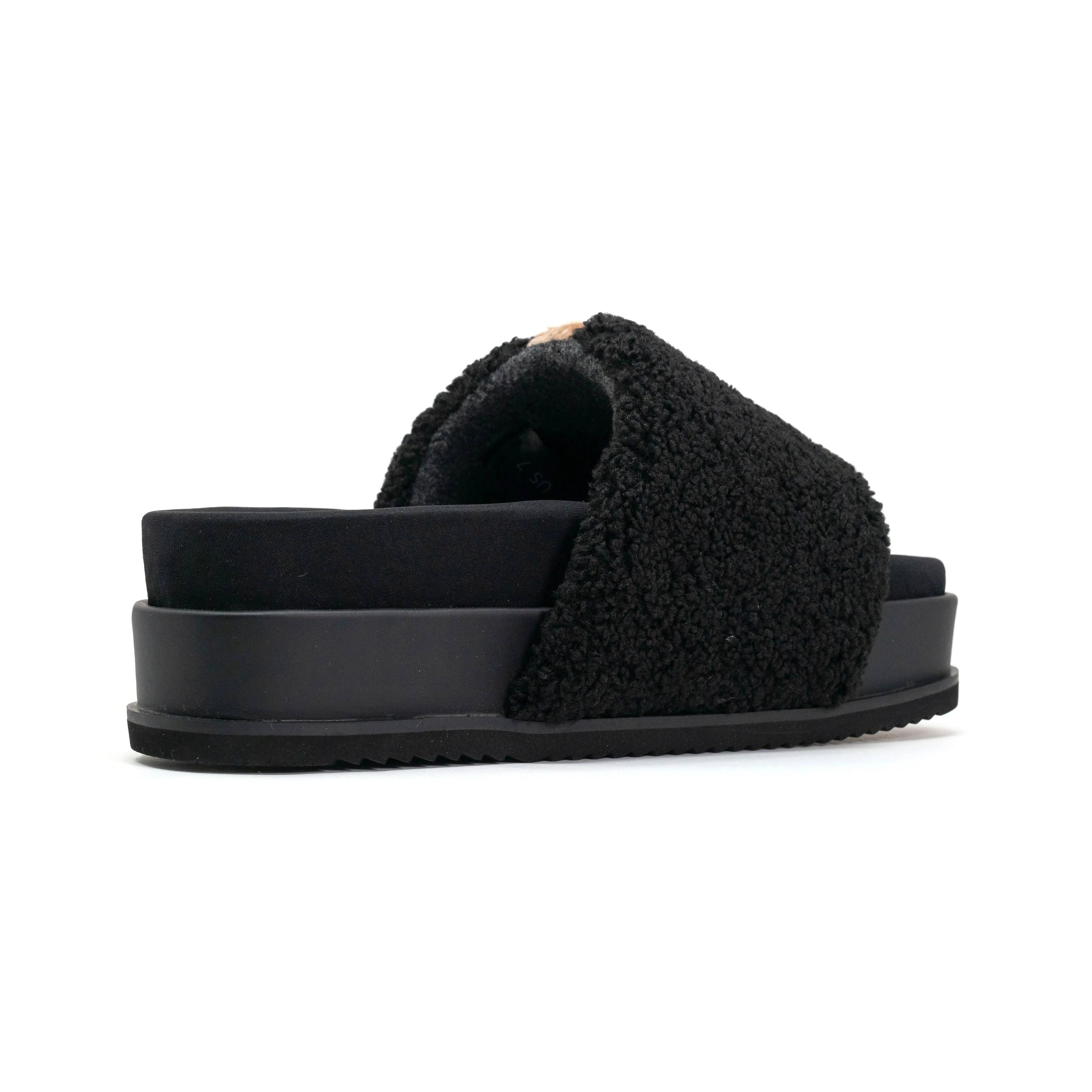 ROAM FUZZY STRIPE STACK PLATFORM BLACK & BEIGE FAUX SHEARLING