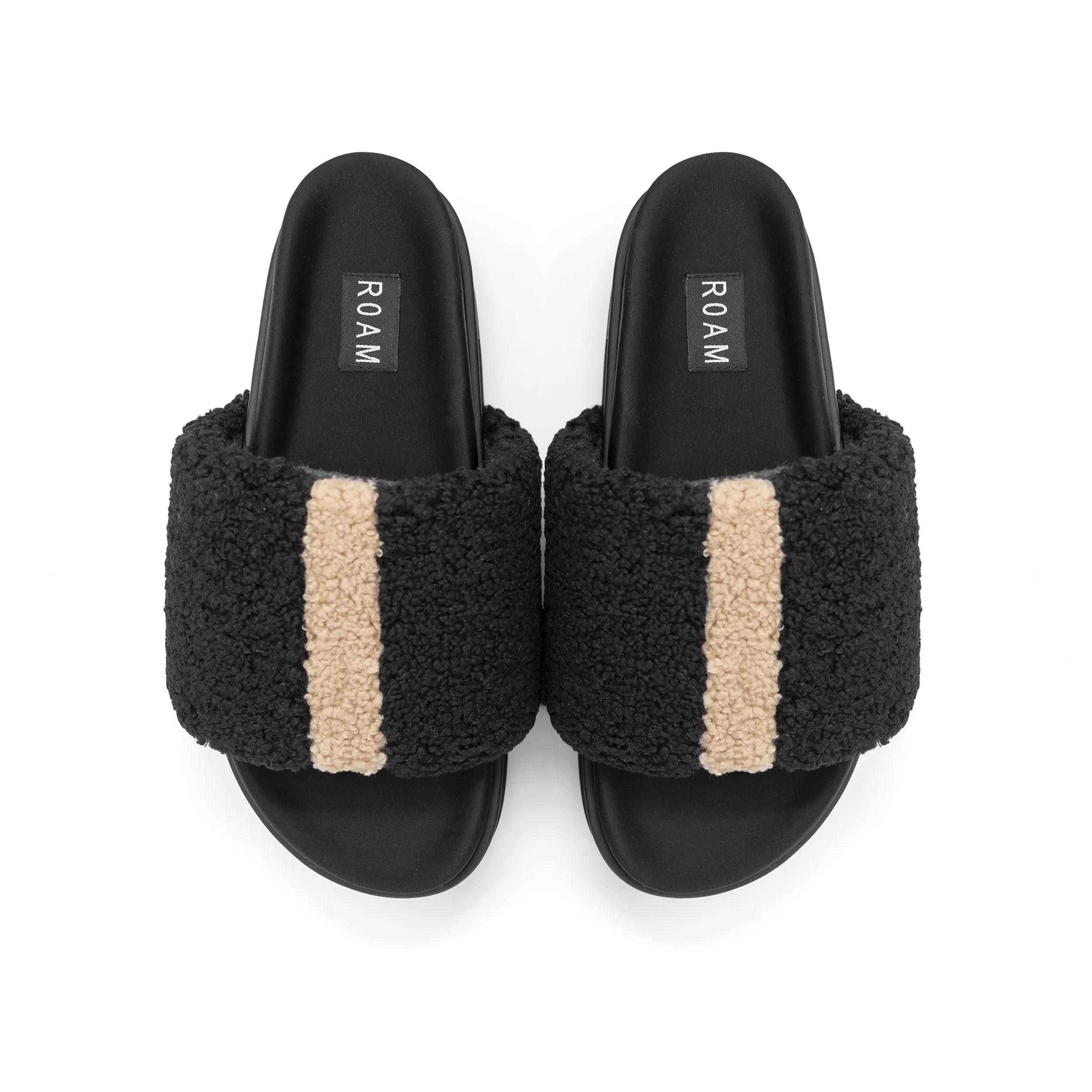 ROAM FUZZY STRIPE STACK PLATFORM BLACK & BEIGE FAUX SHEARLING