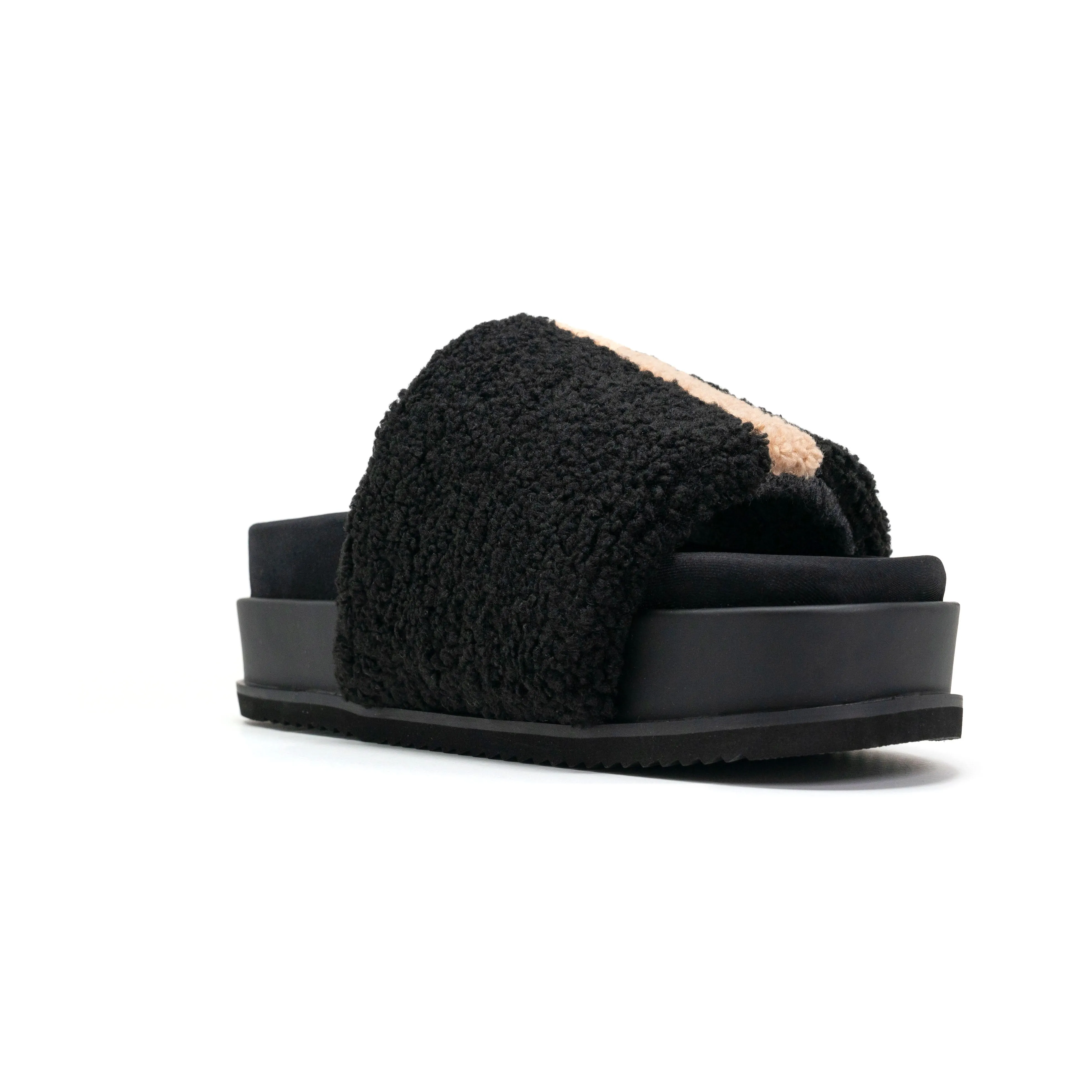 ROAM FUZZY STRIPE STACK PLATFORM BLACK & BEIGE FAUX SHEARLING