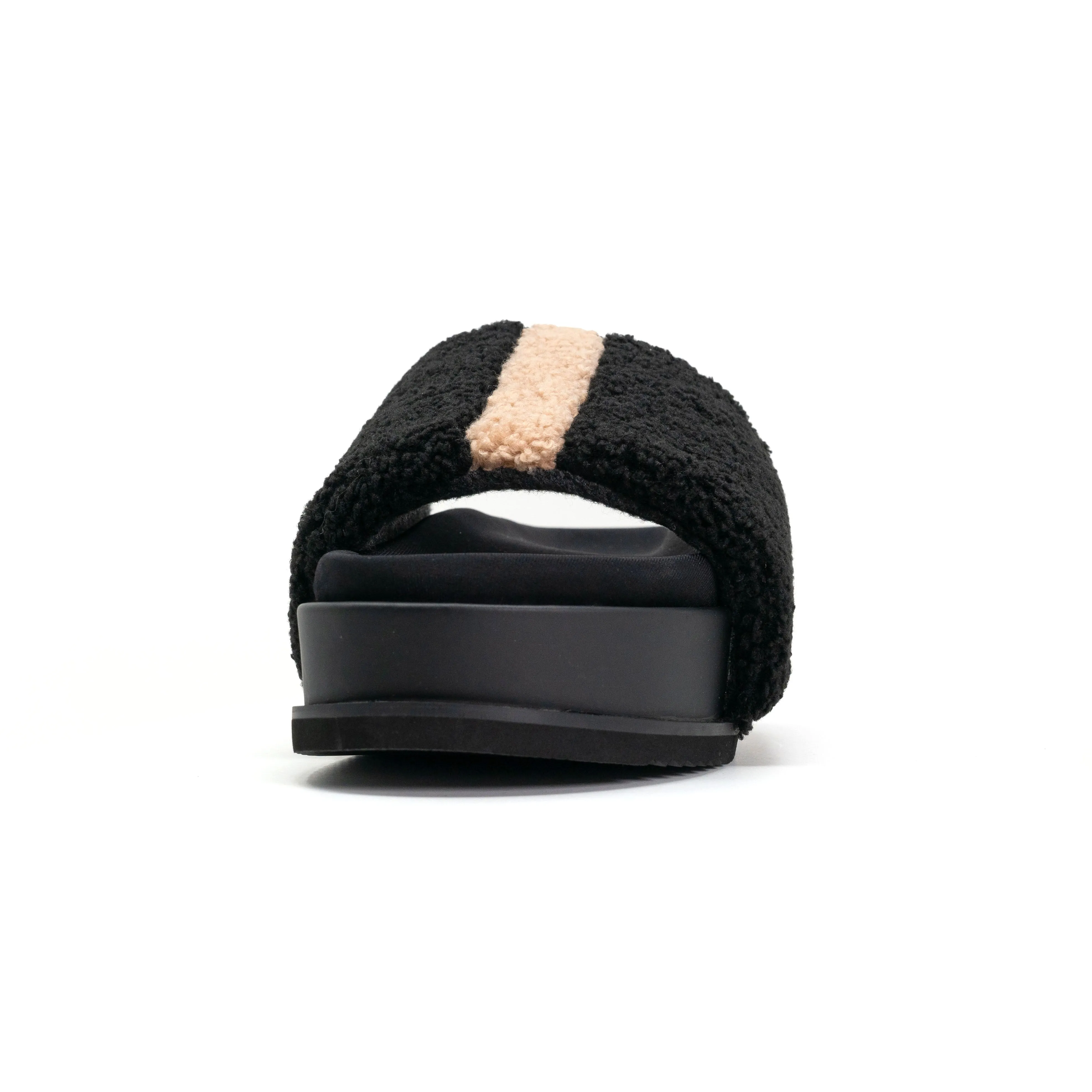 ROAM FUZZY STRIPE STACK PLATFORM BLACK & BEIGE FAUX SHEARLING