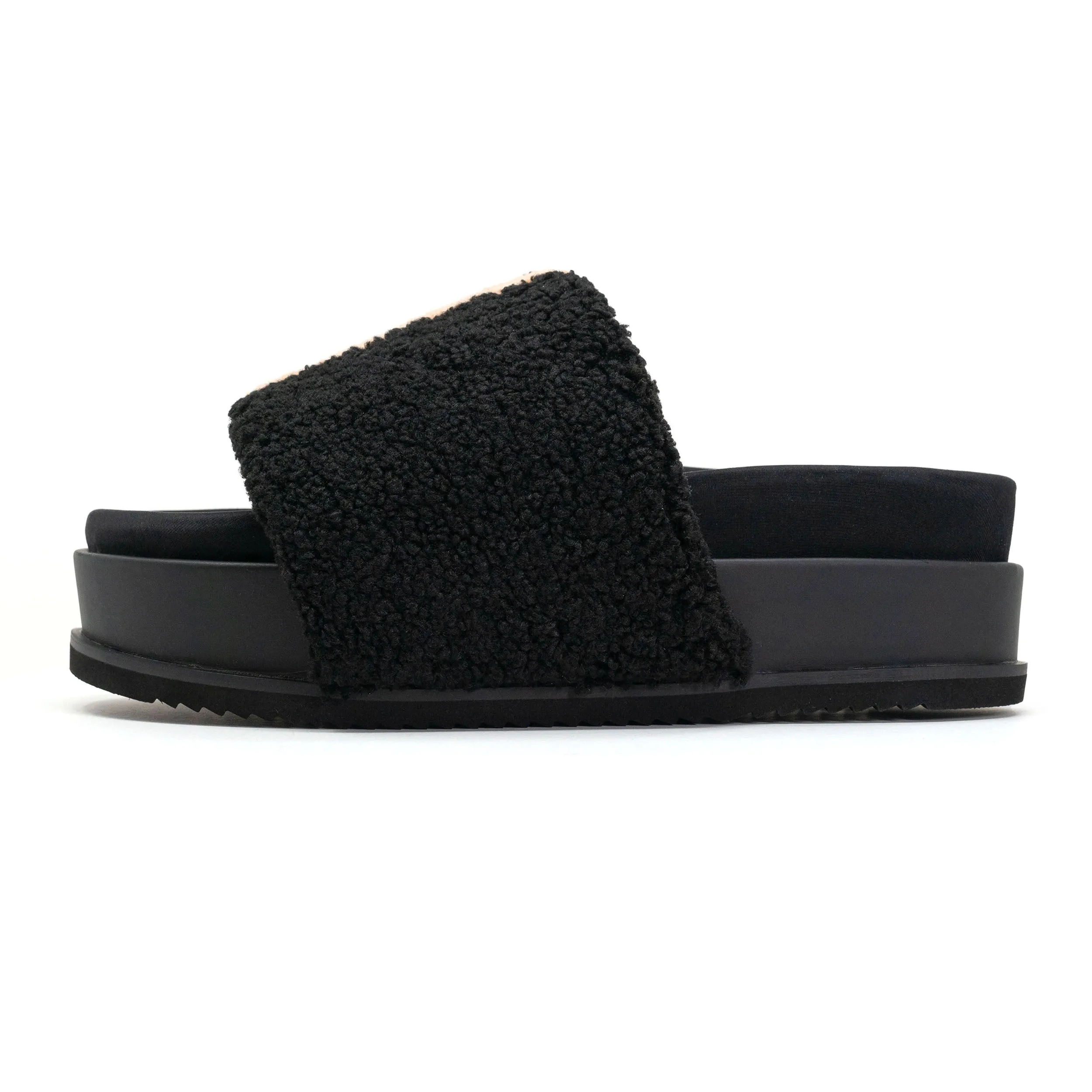 ROAM FUZZY STRIPE STACK PLATFORM BLACK & BEIGE FAUX SHEARLING