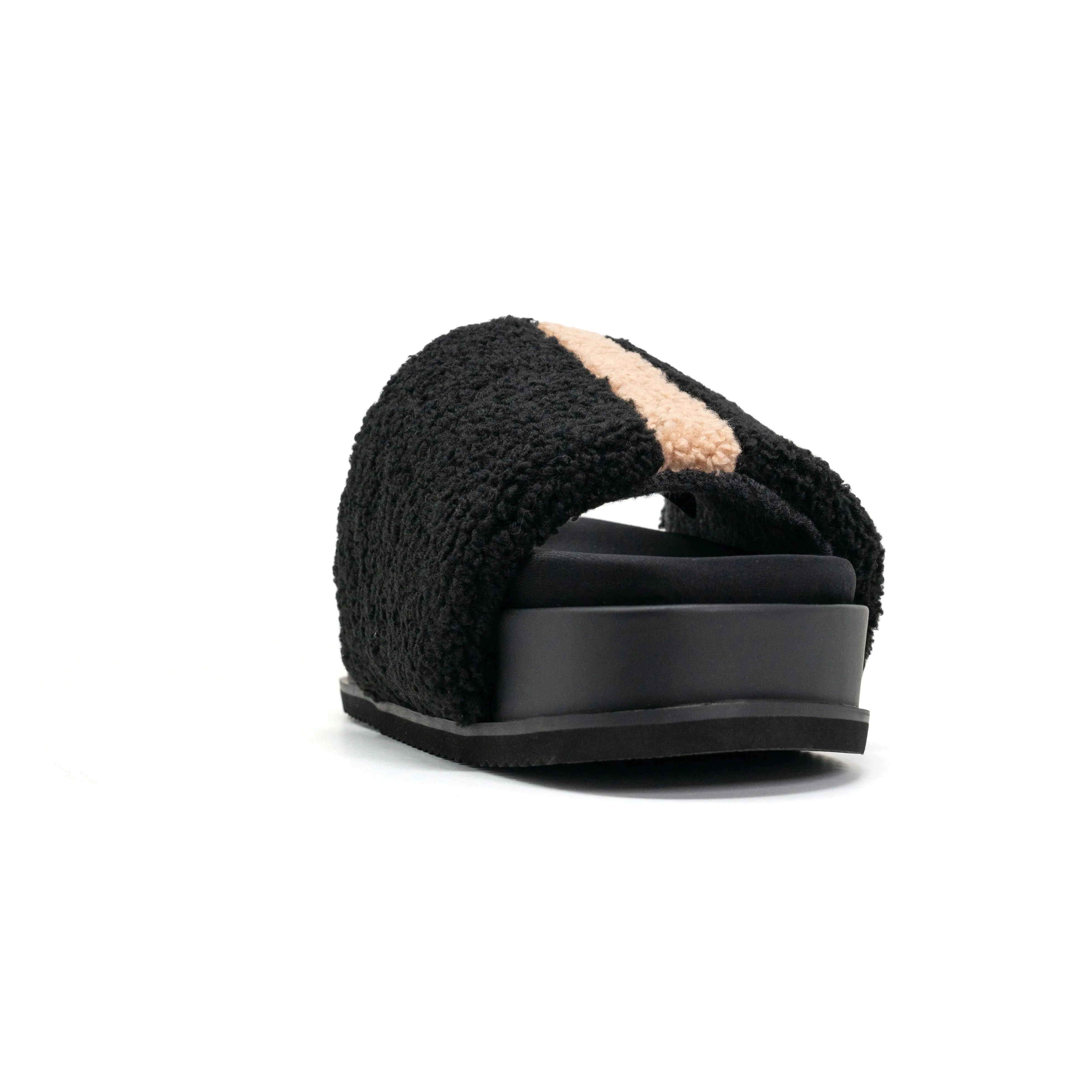 ROAM FUZZY STRIPE STACK PLATFORM BLACK & BEIGE FAUX SHEARLING