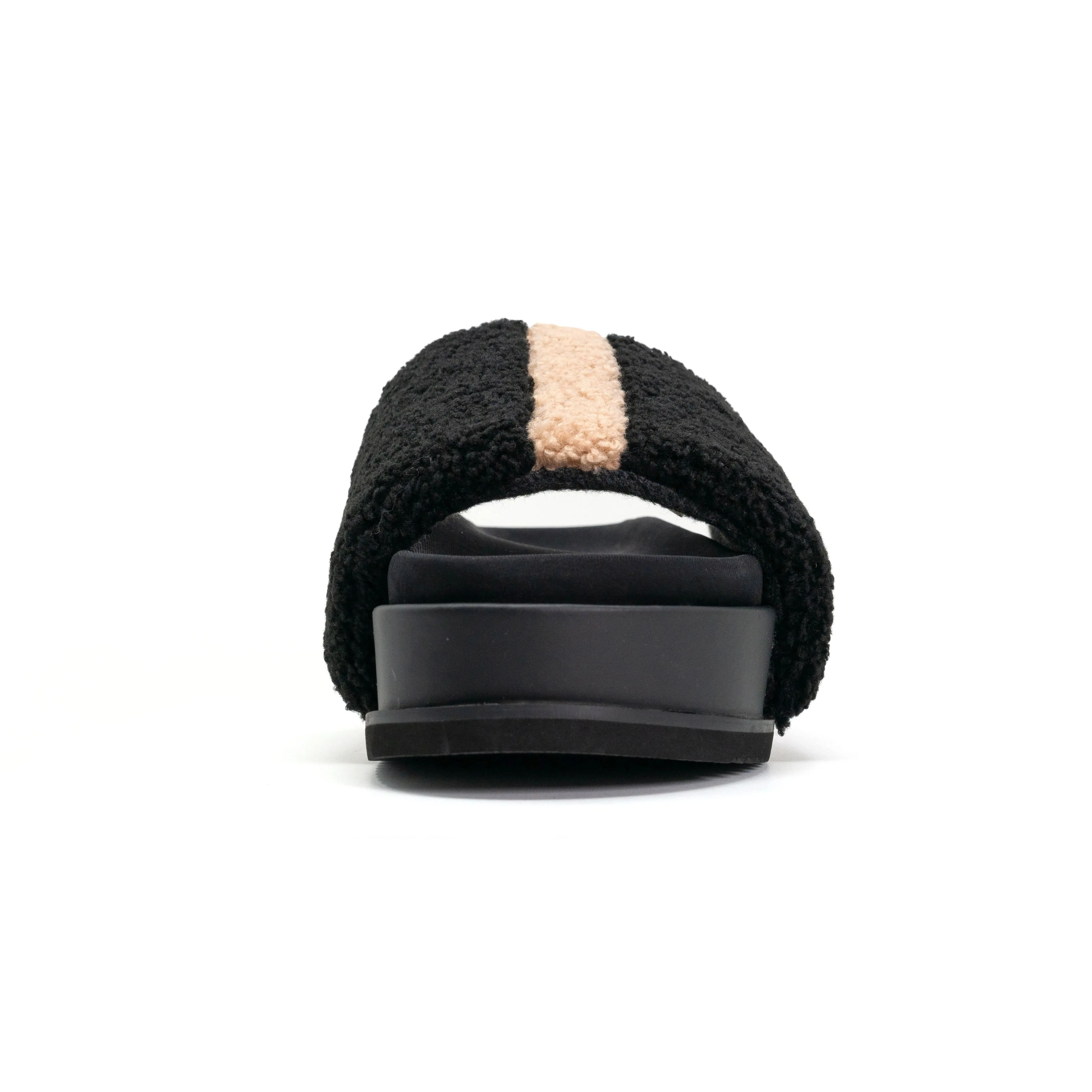 ROAM FUZZY STRIPE STACK PLATFORM BLACK & BEIGE FAUX SHEARLING