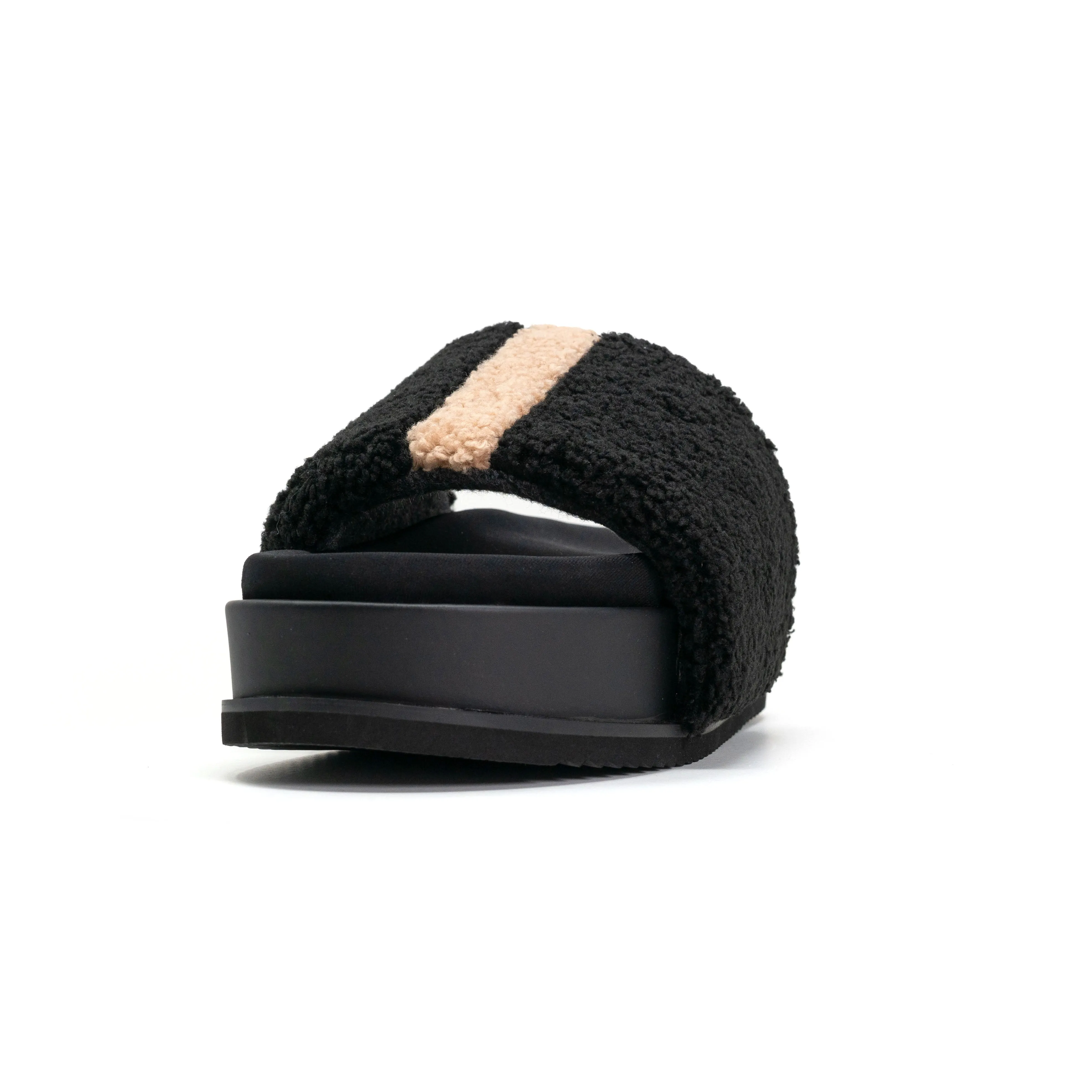 ROAM FUZZY STRIPE STACK PLATFORM BLACK & BEIGE FAUX SHEARLING