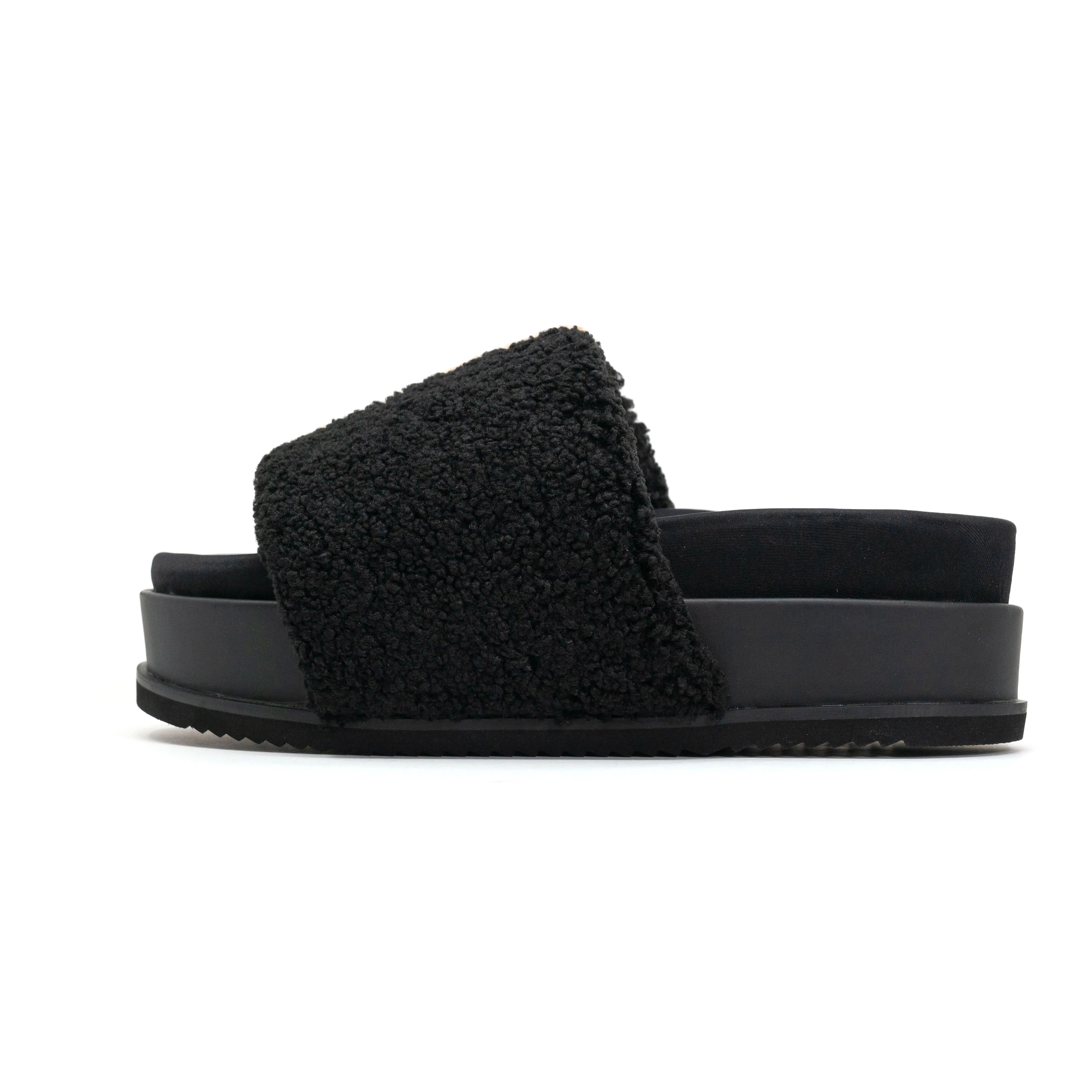 ROAM FUZZY STRIPE STACK PLATFORM BLACK & BEIGE FAUX SHEARLING