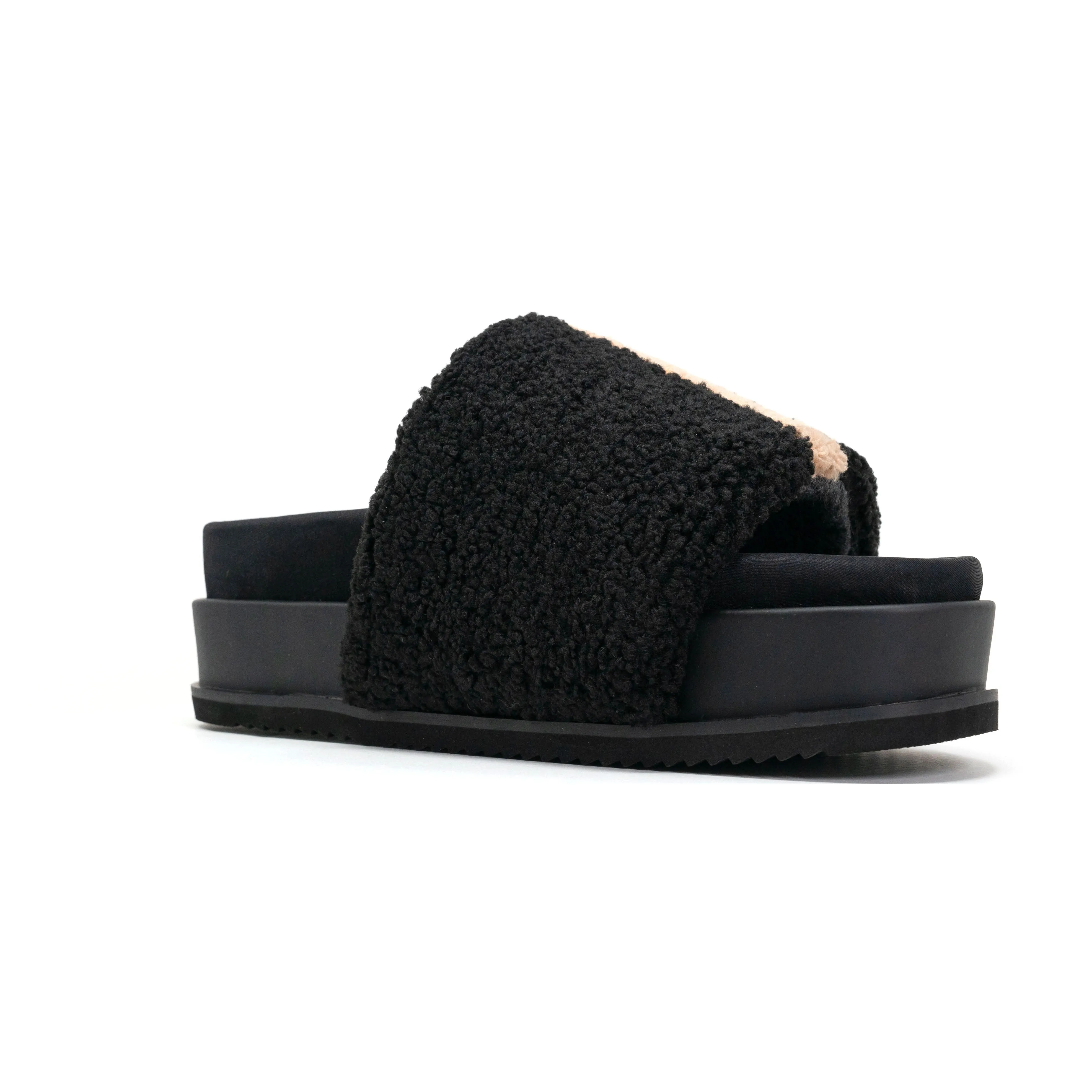 ROAM FUZZY STRIPE STACK PLATFORM BLACK & BEIGE FAUX SHEARLING