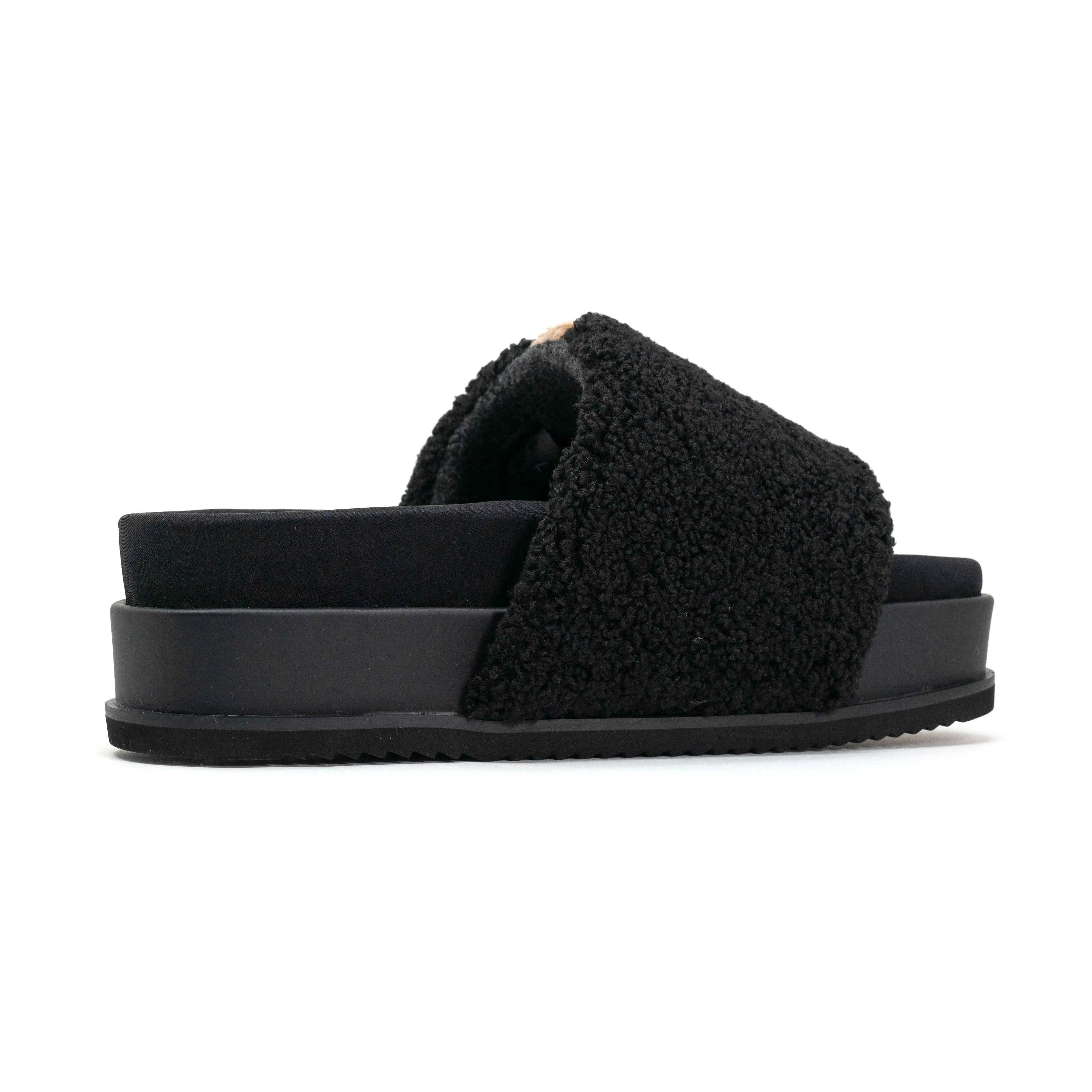 ROAM FUZZY STRIPE STACK PLATFORM BLACK & BEIGE FAUX SHEARLING