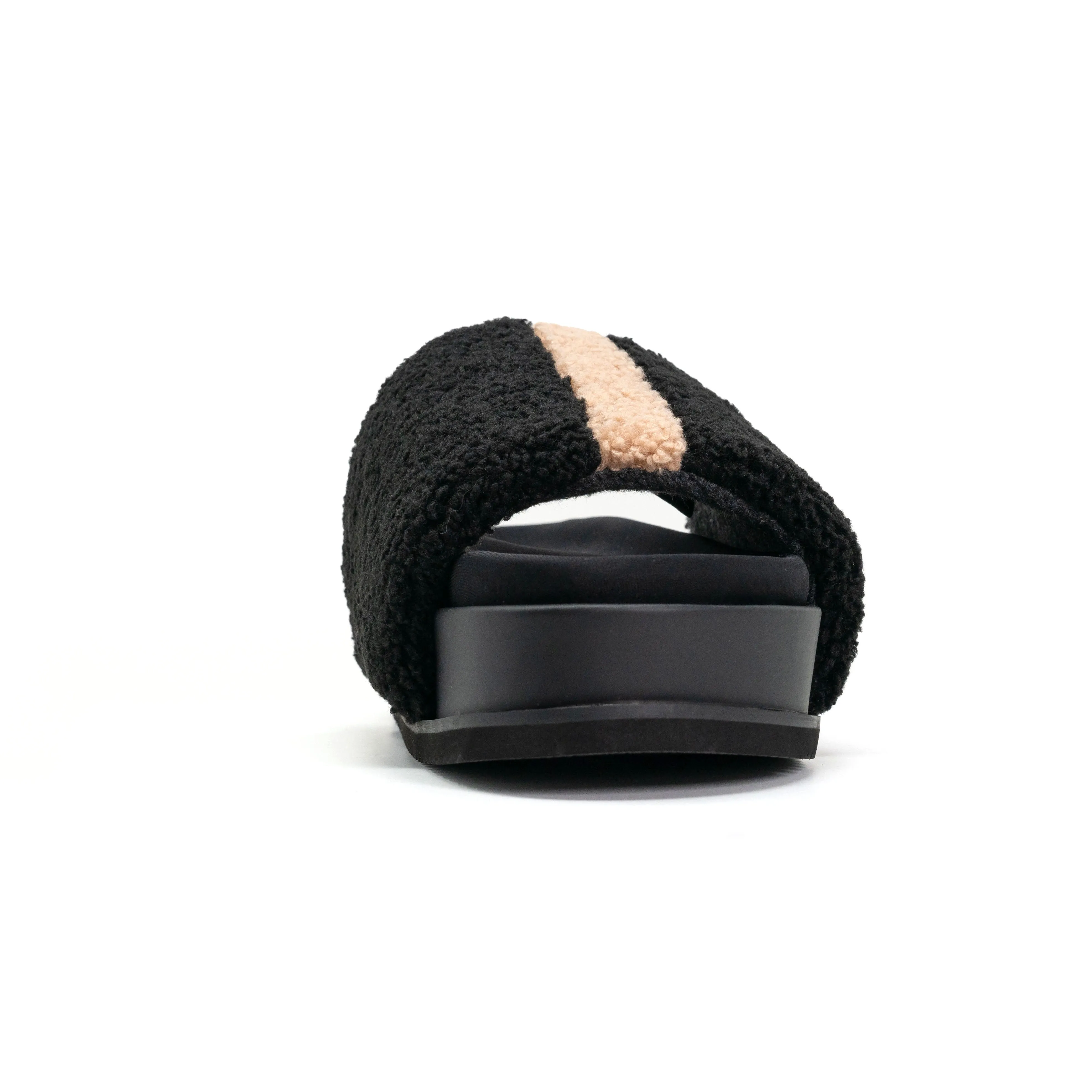 ROAM FUZZY STRIPE STACK PLATFORM BLACK & BEIGE FAUX SHEARLING