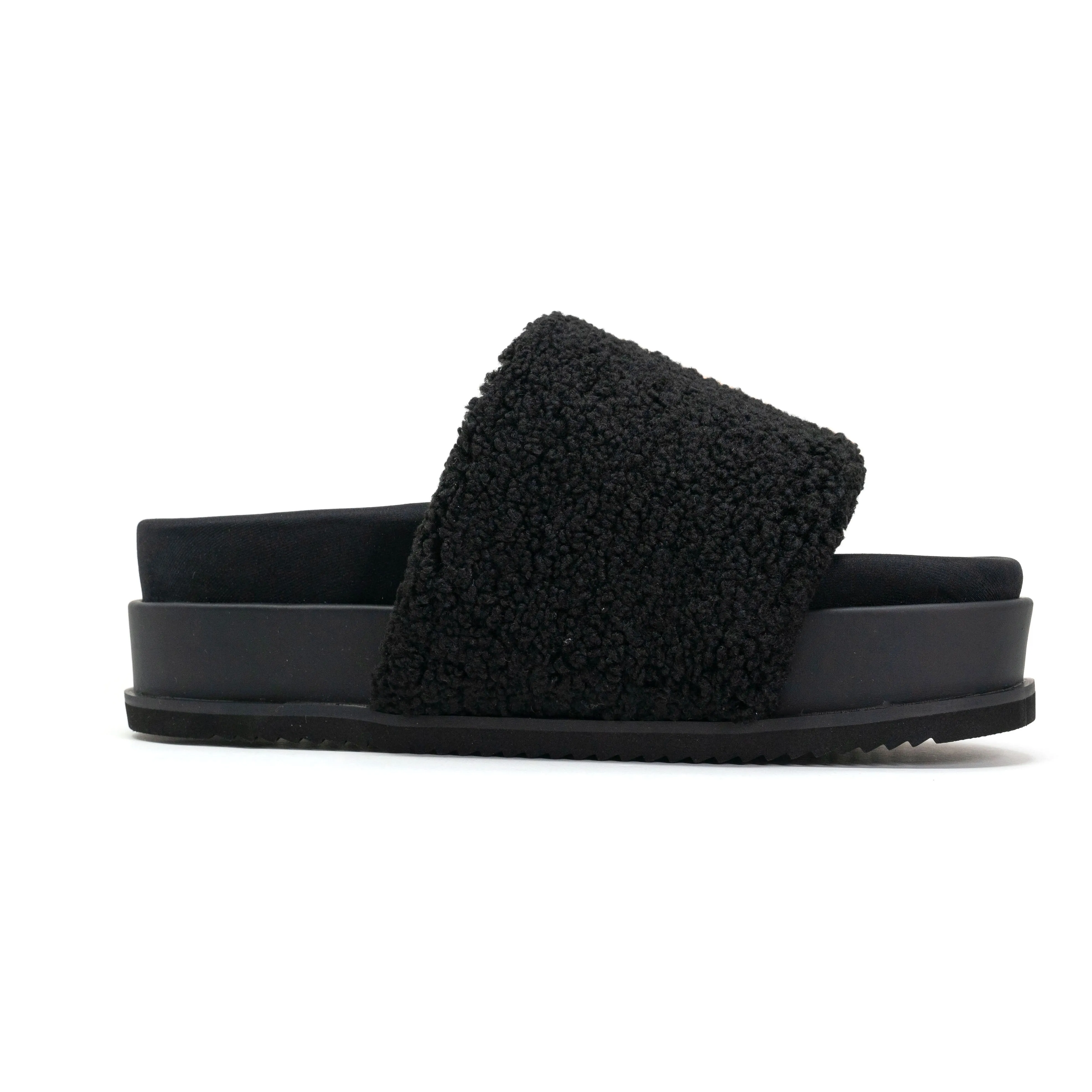 ROAM FUZZY STRIPE STACK PLATFORM BLACK & BEIGE FAUX SHEARLING