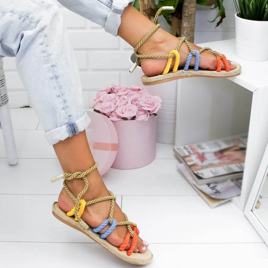 Rome women shoes  Slippers Hemp Rope Flat Lace Cross-tied Slippers