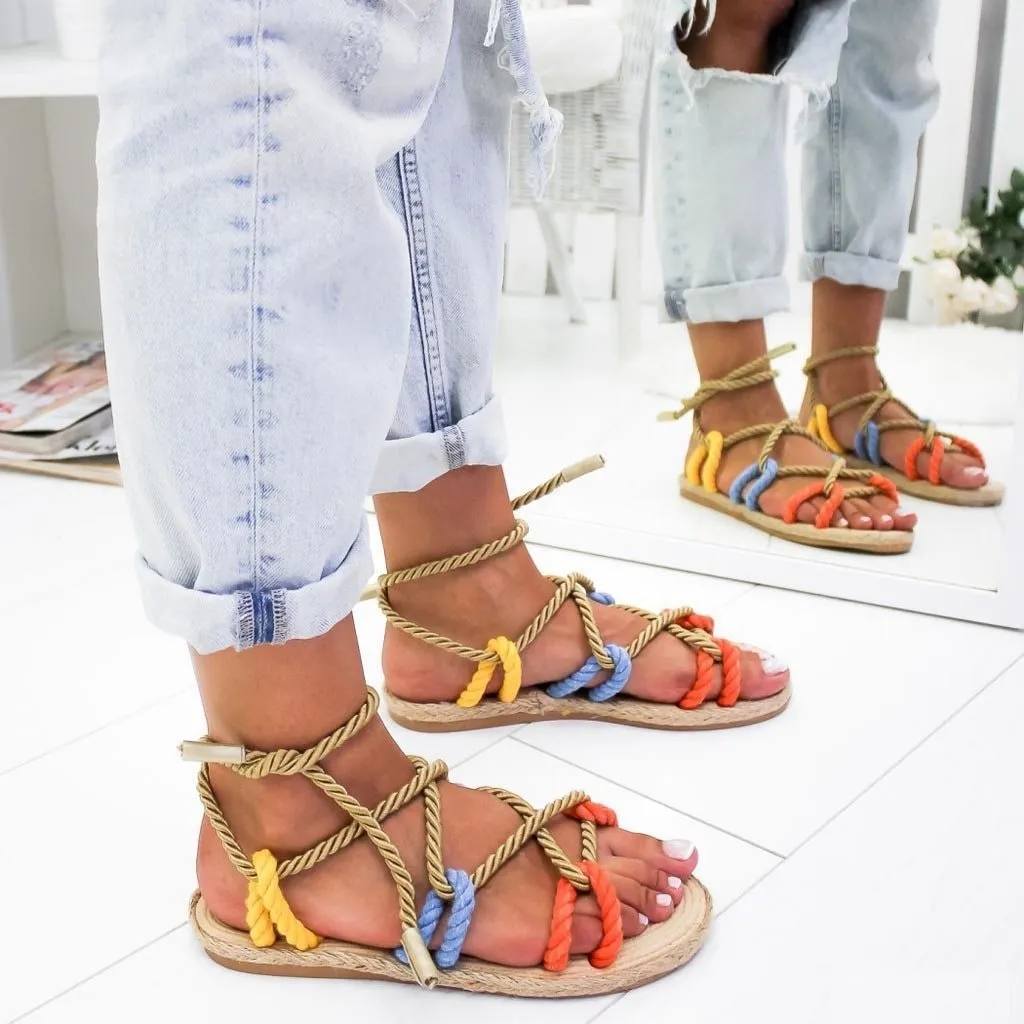 Rome women shoes  Slippers Hemp Rope Flat Lace Cross-tied Slippers