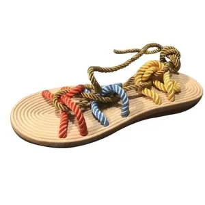 Rome women shoes  Slippers Hemp Rope Flat Lace Cross-tied Slippers