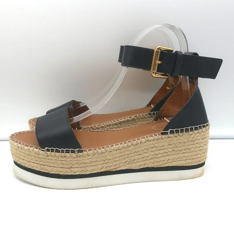 See by Chloe Glyn Platform Espadrille Sandals Black Leather Size 39