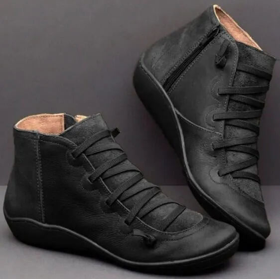 Side Zipper Leather Flat Boots