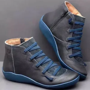 Side Zipper Leather Flat Boots