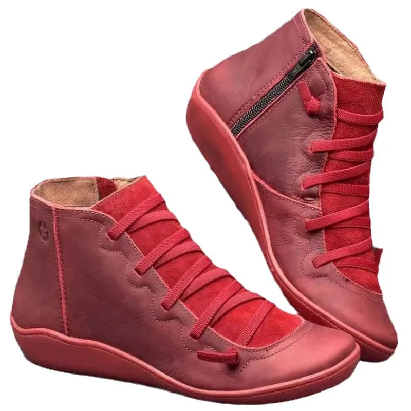 Side Zipper Leather Flat Boots