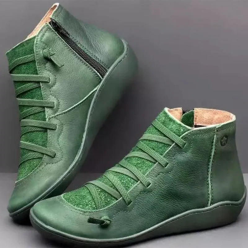 Side Zipper Leather Flat Boots