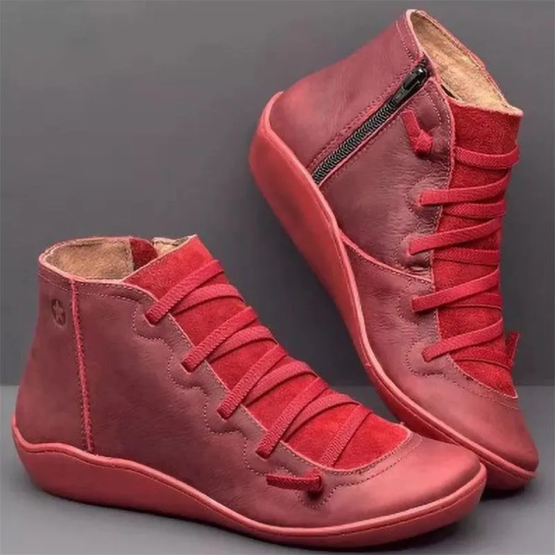 Side Zipper Leather Flat Boots