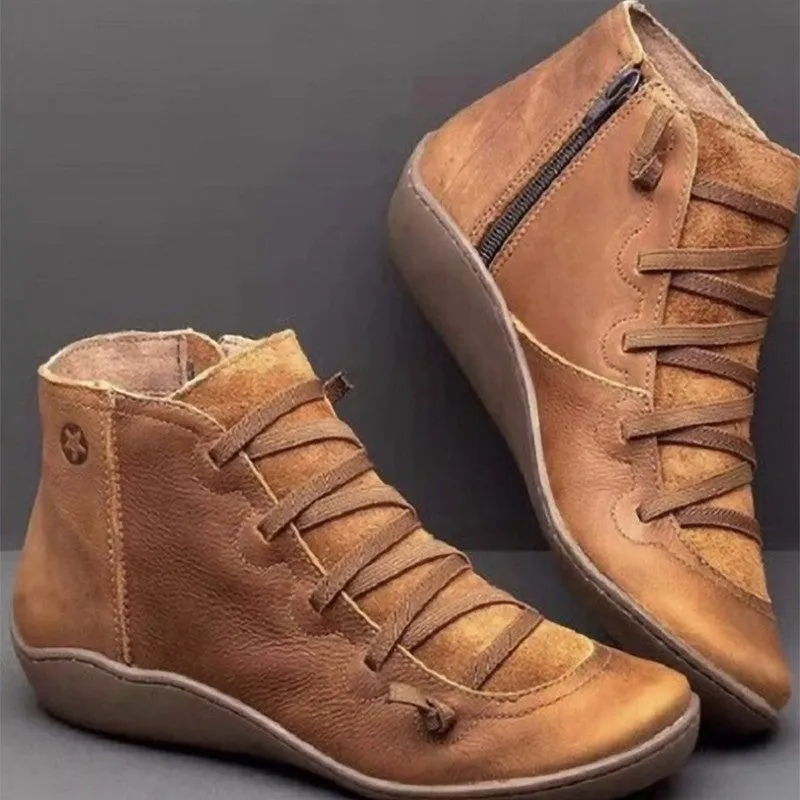 Side Zipper Leather Flat Boots