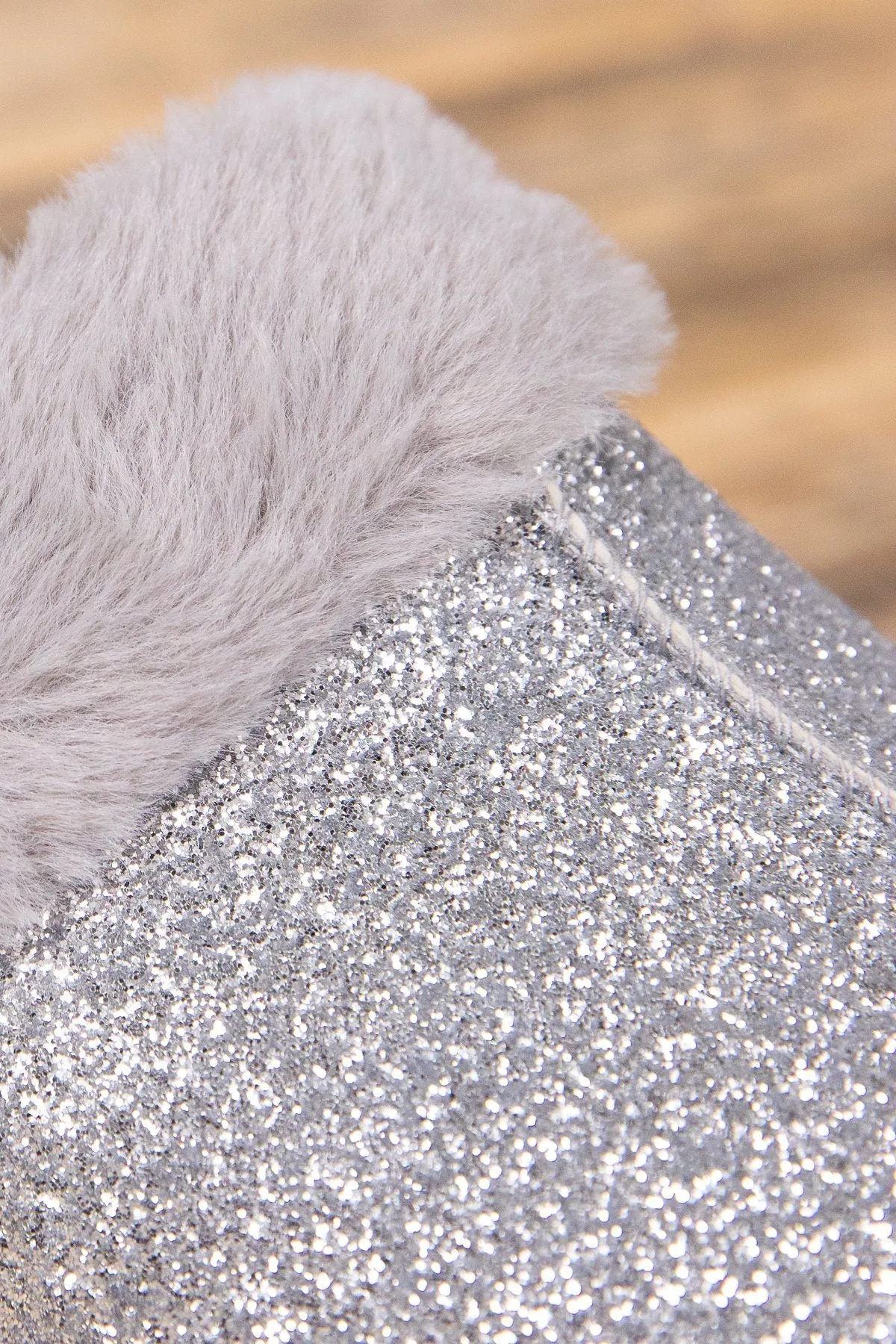 Silver Shimmer Faux Fur Trim Slippers