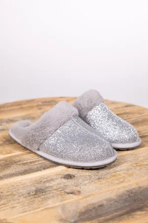 Silver Shimmer Faux Fur Trim Slippers