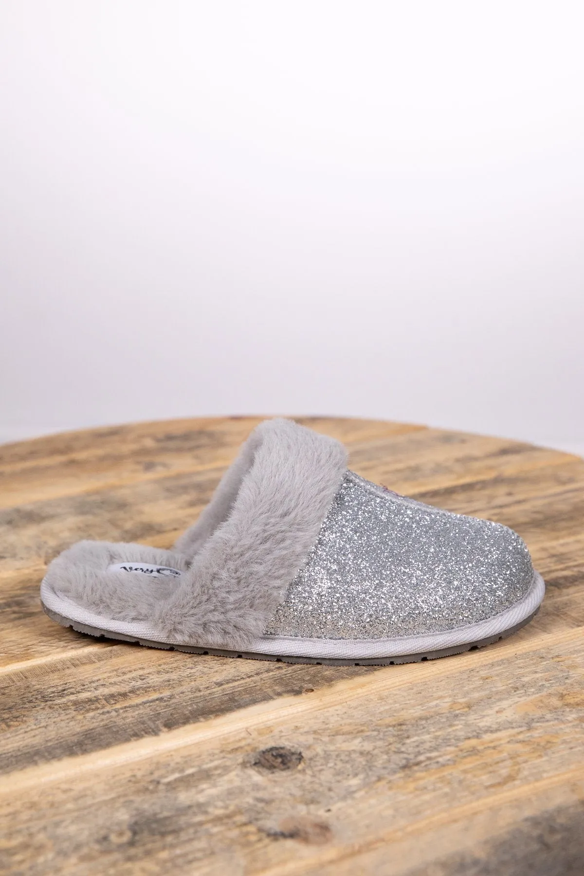 Silver Shimmer Faux Fur Trim Slippers