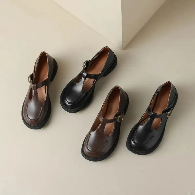 SIMLOVEYO 2024 New Summer Vintage Women Flats 32 33 Round Toe Buckle T-Strap Big Size 42 43 Leisure Soft Daily Mary Janes Shoe