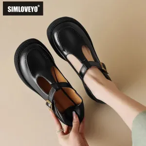 SIMLOVEYO 2024 New Summer Vintage Women Flats 32 33 Round Toe Buckle T-Strap Big Size 42 43 Leisure Soft Daily Mary Janes Shoe