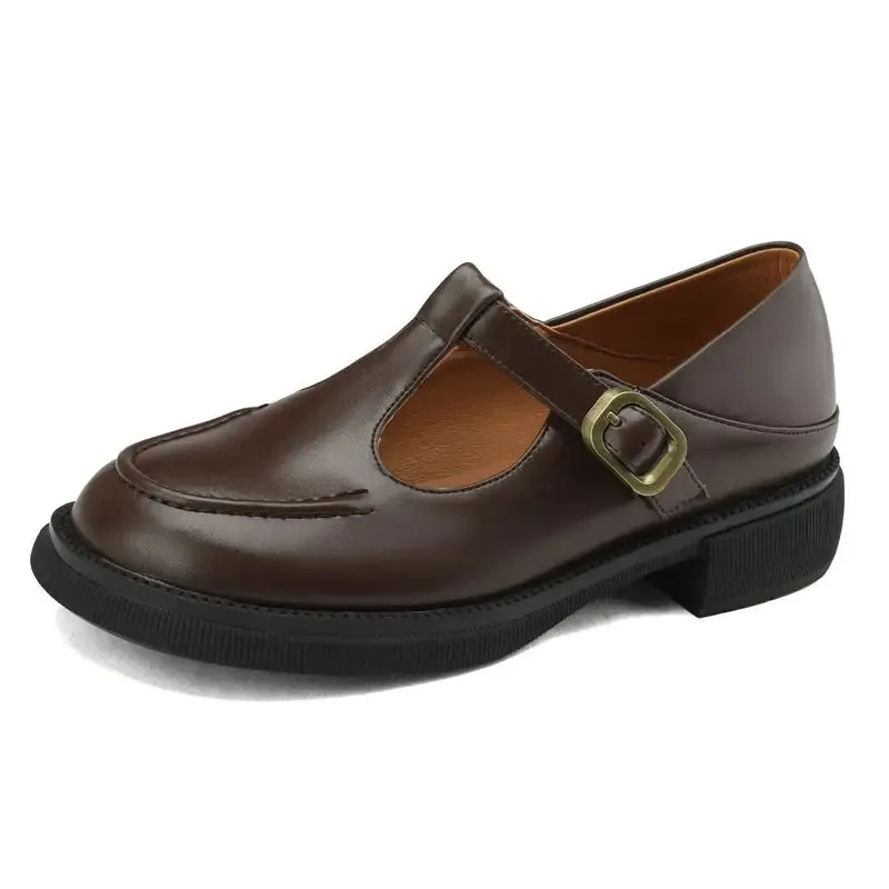 SIMLOVEYO 2024 New Summer Vintage Women Flats 32 33 Round Toe Buckle T-Strap Big Size 42 43 Leisure Soft Daily Mary Janes Shoe