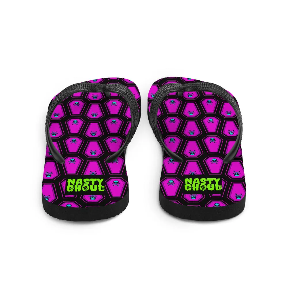 Skull and Coffin Flip-Flops All Over Print / Black & Hot Pink