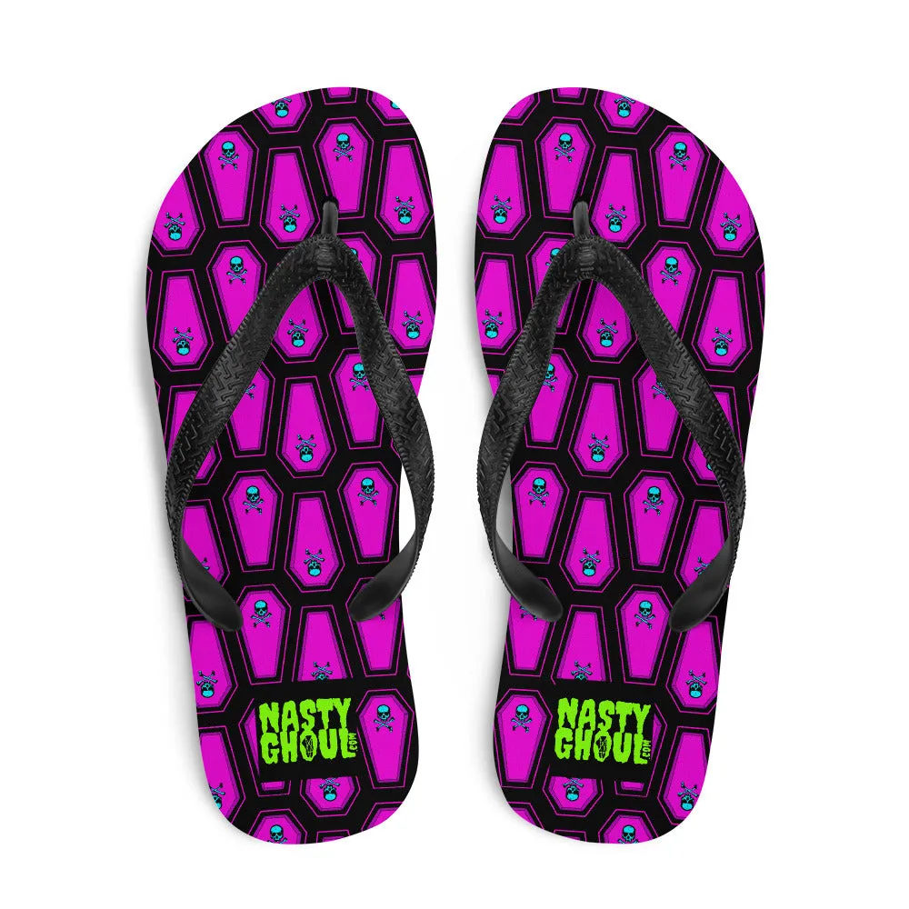 Skull and Coffin Flip-Flops All Over Print / Black & Hot Pink