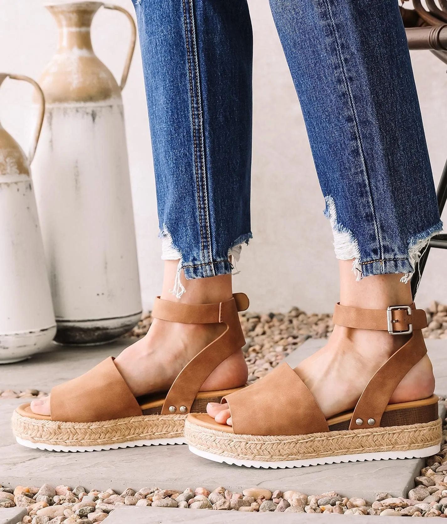 Soda Topic Open Toe Buckle Ankle Strap Espadrilles Flatform Wedge Casual Sandal (7.5, Tan)