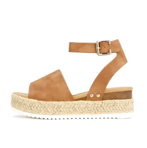 Soda Topic Open Toe Buckle Ankle Strap Espadrilles Flatform Wedge Casual Sandal (7.5, Tan)
