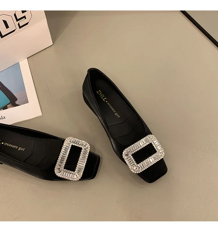 Square Buckle Thick Heel Women's Shoes Low Heel Square Toe Women's Shoes