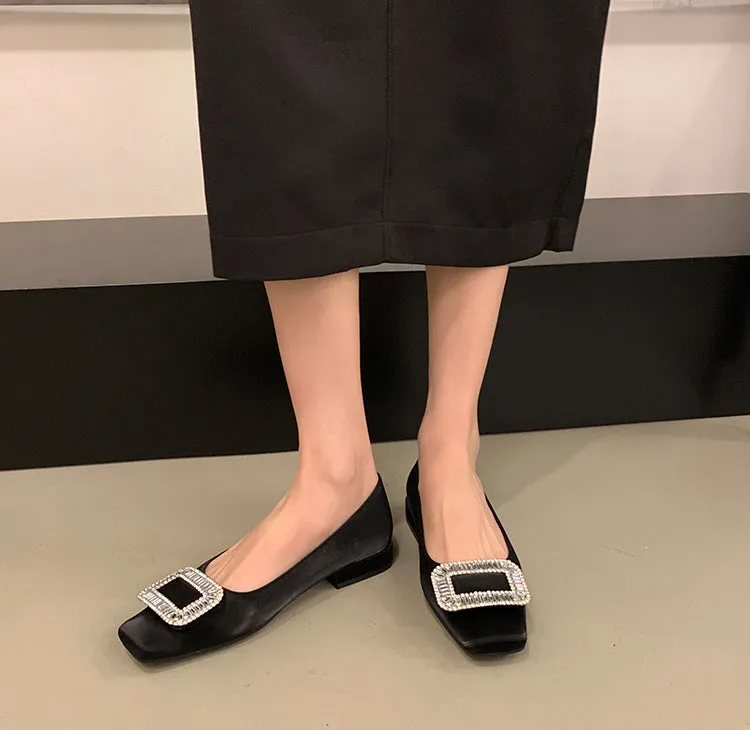 Square Buckle Thick Heel Women's Shoes Low Heel Square Toe Women's Shoes