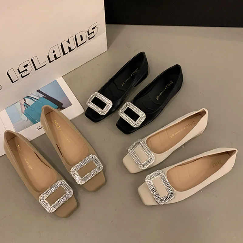 Square Buckle Thick Heel Women's Shoes Low Heel Square Toe Women's Shoes