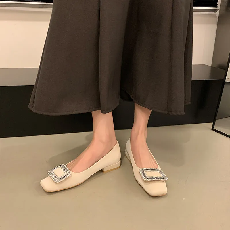 Square Buckle Thick Heel Women's Shoes Low Heel Square Toe Women's Shoes