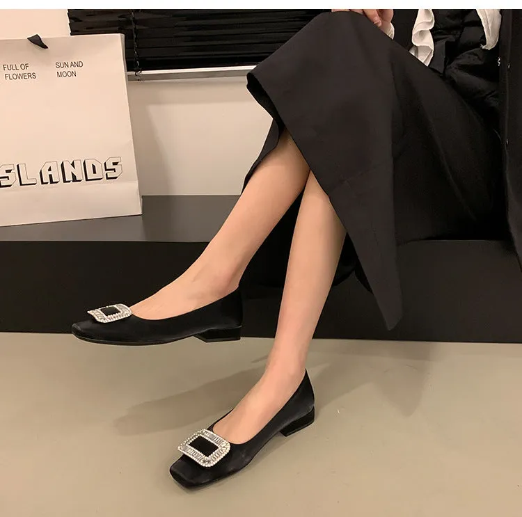 Square Buckle Thick Heel Women's Shoes Low Heel Square Toe Women's Shoes