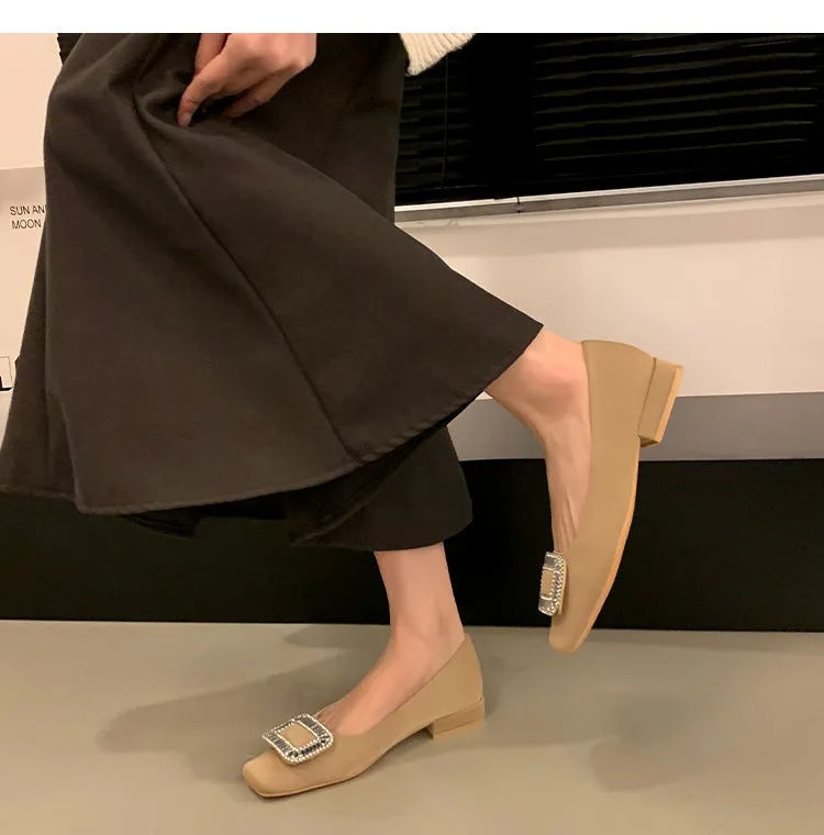 Square Buckle Thick Heel Women's Shoes Low Heel Square Toe Women's Shoes