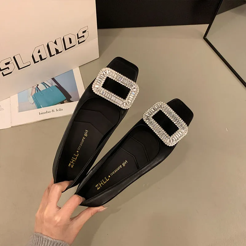 Square Buckle Thick Heel Women's Shoes Low Heel Square Toe Women's Shoes