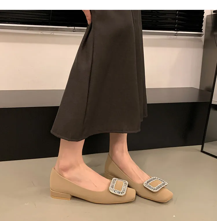 Square Buckle Thick Heel Women's Shoes Low Heel Square Toe Women's Shoes