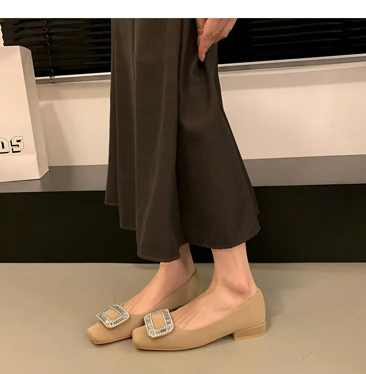 Square Buckle Thick Heel Women's Shoes Low Heel Square Toe Women's Shoes