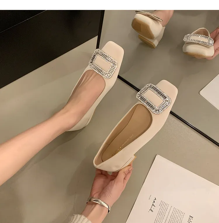 Square Buckle Thick Heel Women's Shoes Low Heel Square Toe Women's Shoes